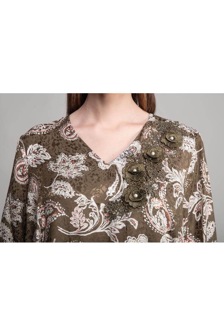 V Neck Jacquard Empirme Dress - Multicolor
