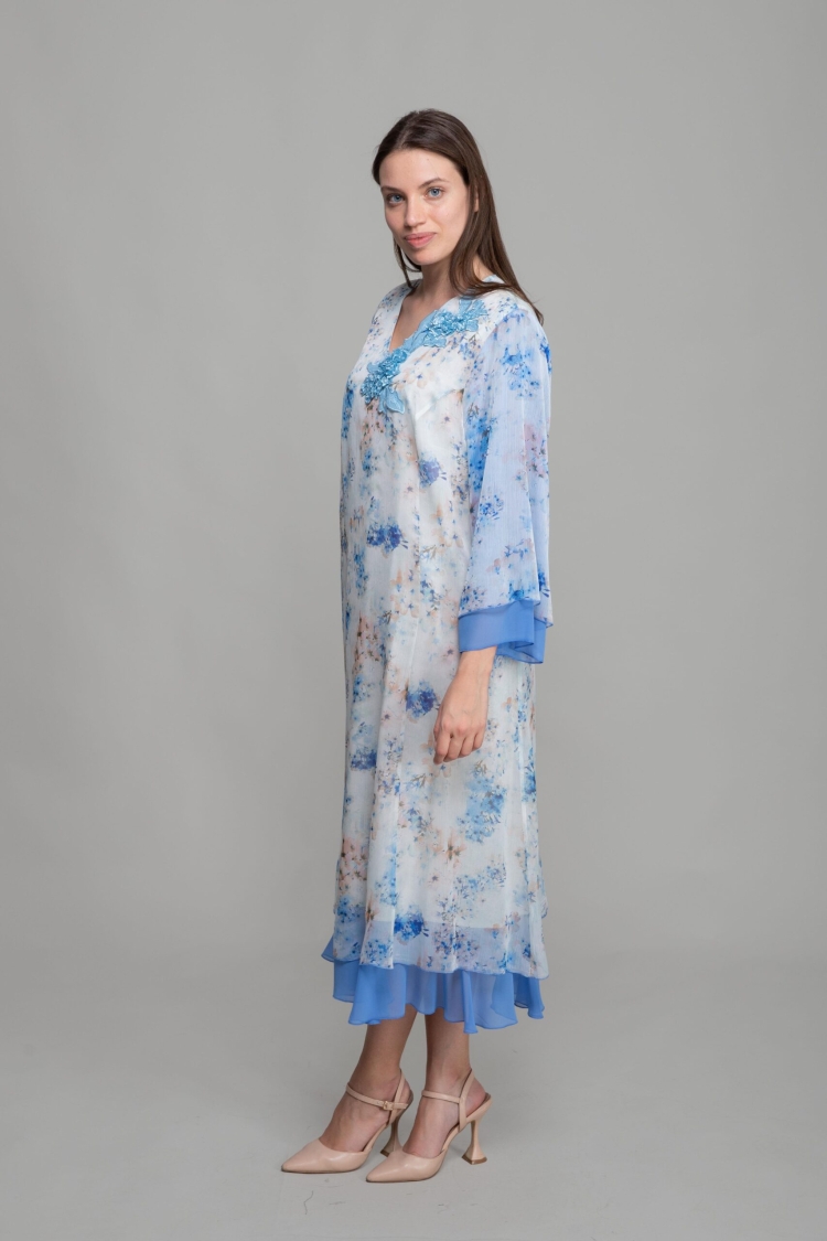 V Neck Silk Line Elegant Dress - Multicolor
