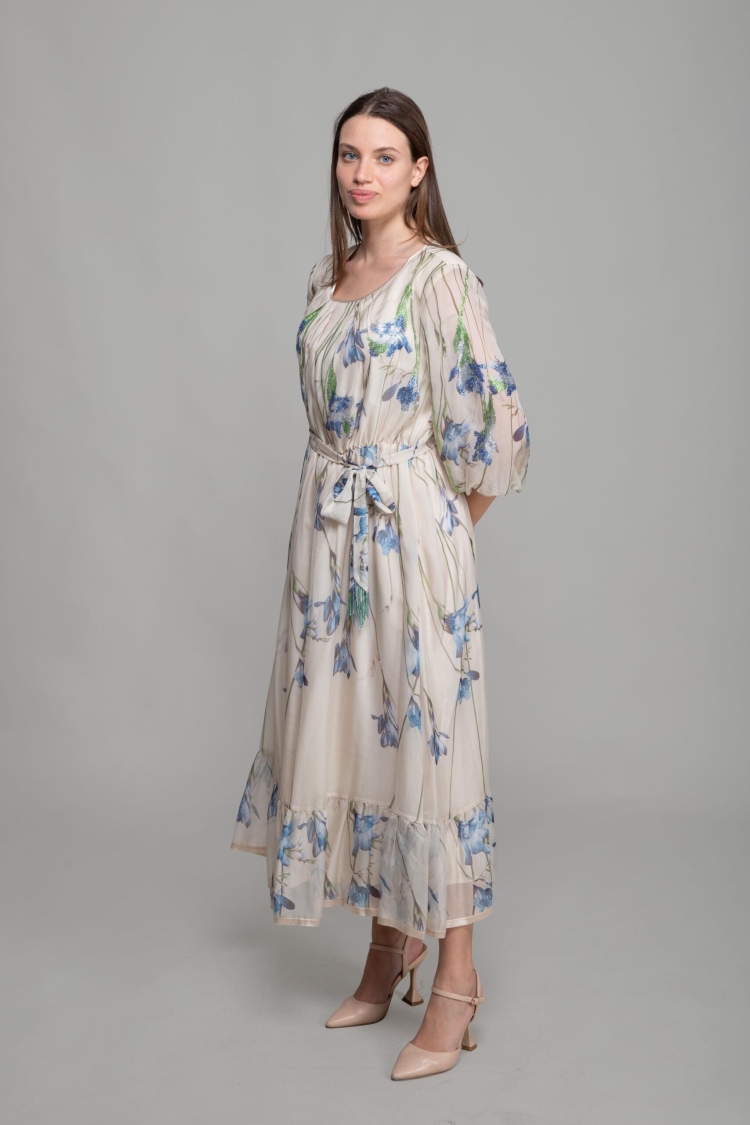 Round Neck Floral Pattern Print Dress - Multicolor - GUMANIZE - Globality Store - Women Clothes Wholesale Turkey