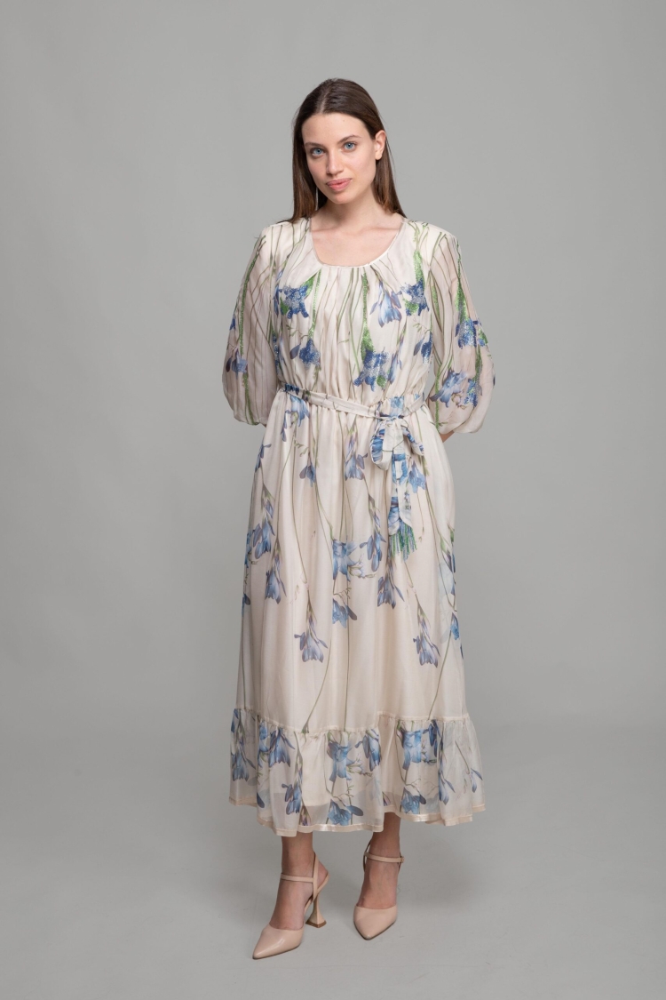 Round Neck Floral Pattern Print Dress - Multicolor