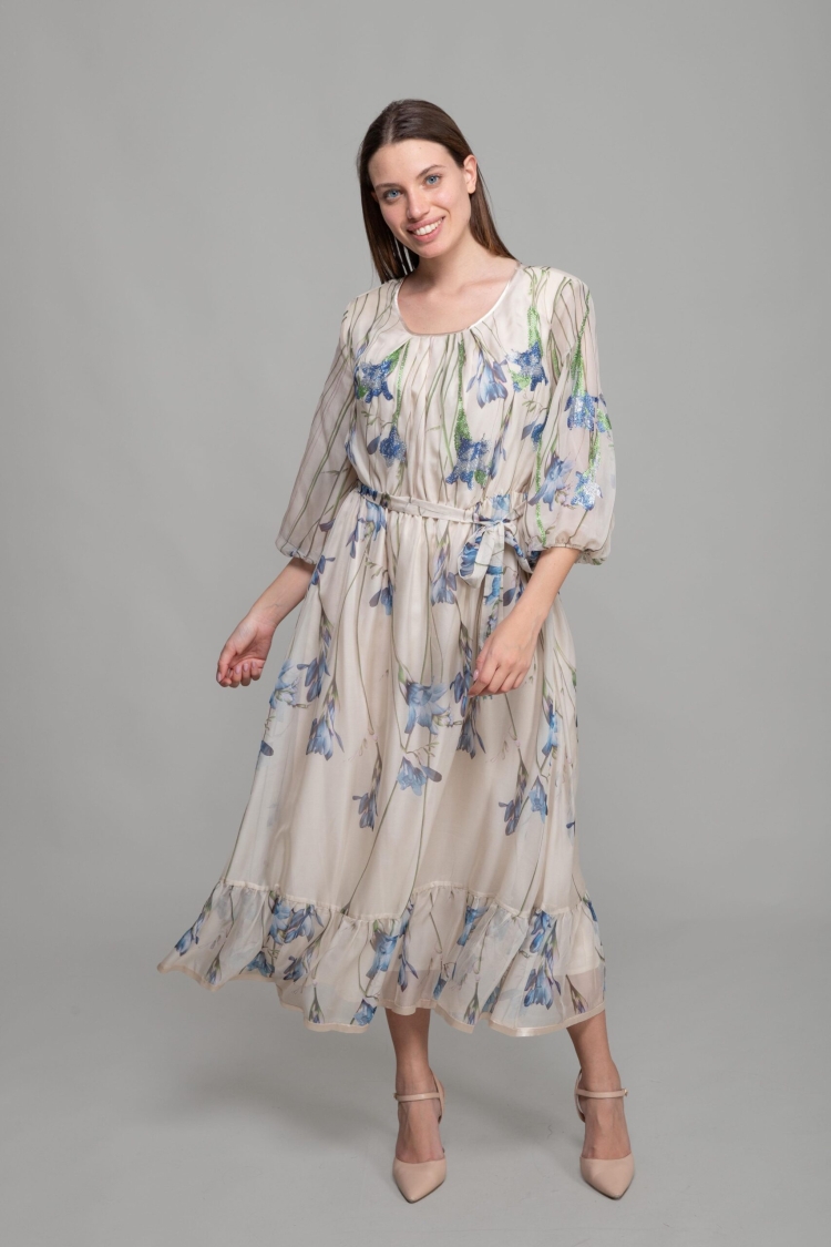 Round Neck Floral Pattern Print Dress - Multicolor