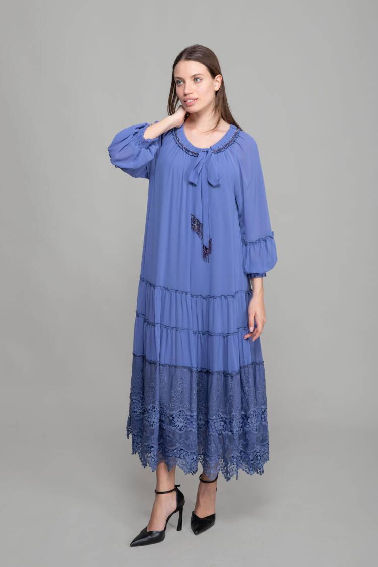 Round Neck Ruffle Chiffon Dress - GUMANIZE - Globality Store - Women Clothes Wholesale Turkey