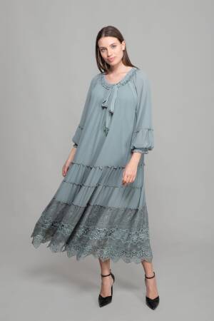 Round Neck Ruffle Chiffon Dress - Cagla Green - GUMANIZE - Globality Store - Women Clothes Wholesale Turkey