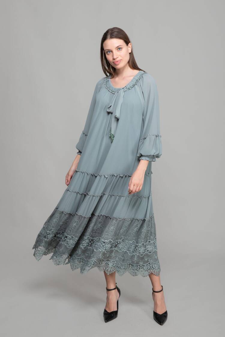 Round Neck Ruffle Chiffon Dress - Cagla Green - GUMANIZE - Globality Store - Women Clothes Wholesale Turkey