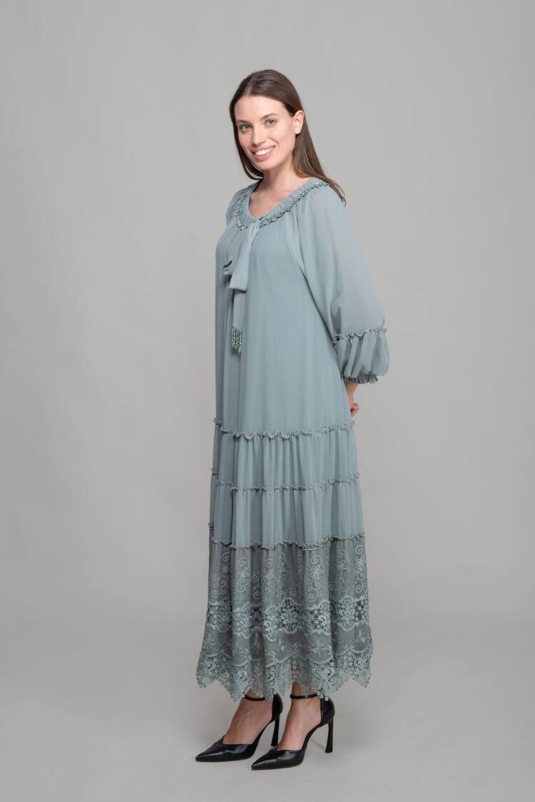 Round Neck Ruffle Chiffon Dress - Cagla Green
