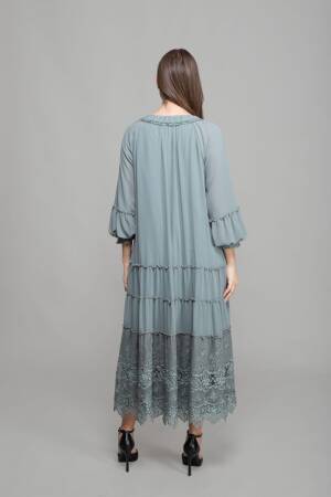 Round Neck Ruffle Chiffon Dress - Cagla Green - GUMANIZE - Globality Store - Women Clothes Wholesale Turkey
