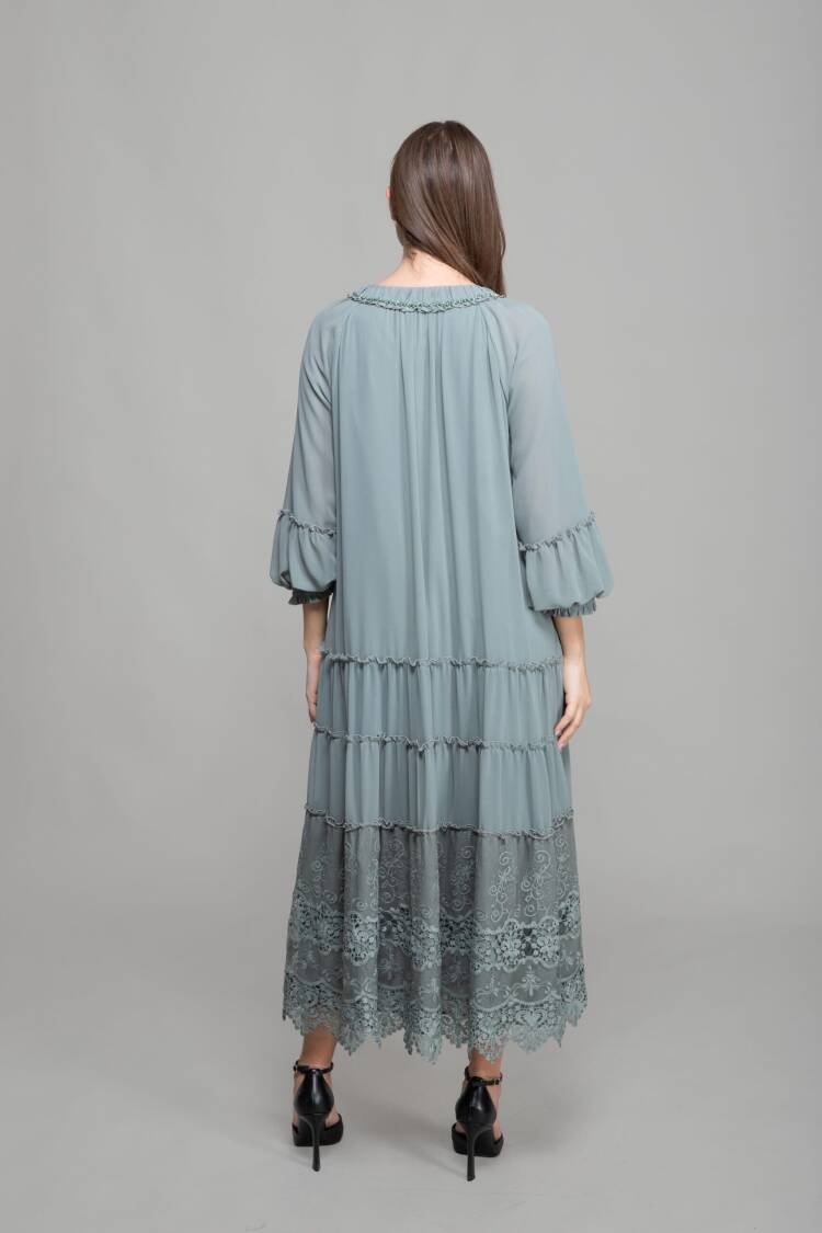 Round Neck Ruffle Chiffon Dress - Cagla Green
