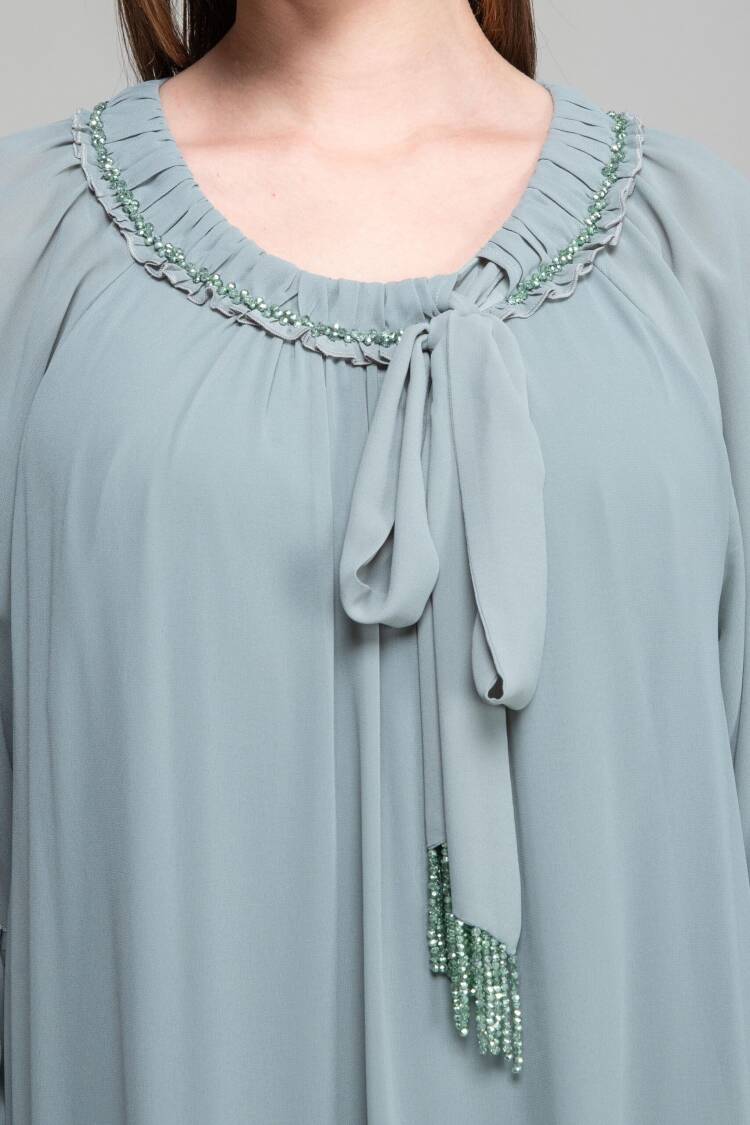 Round Neck Ruffle Chiffon Dress - Cagla Green