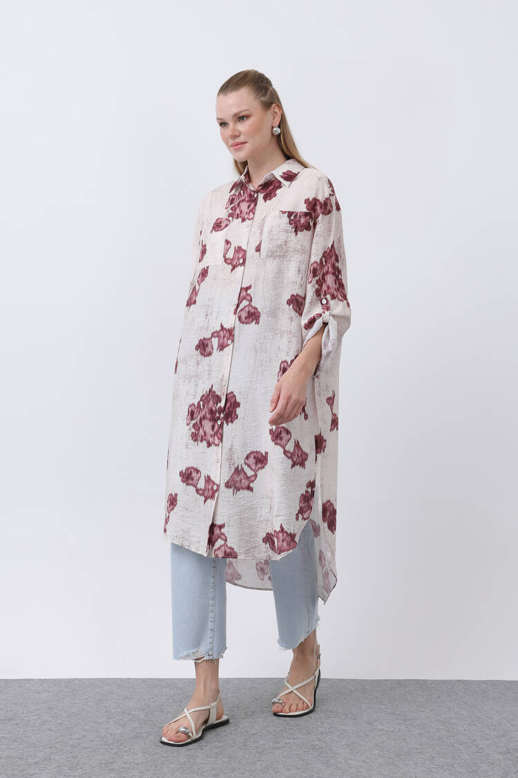 Patterned Front Pocket Detailed Back Ribbed Long Tunic - Multicolor - Puane - Globality Store - Women Clothes Wholesale Turkey