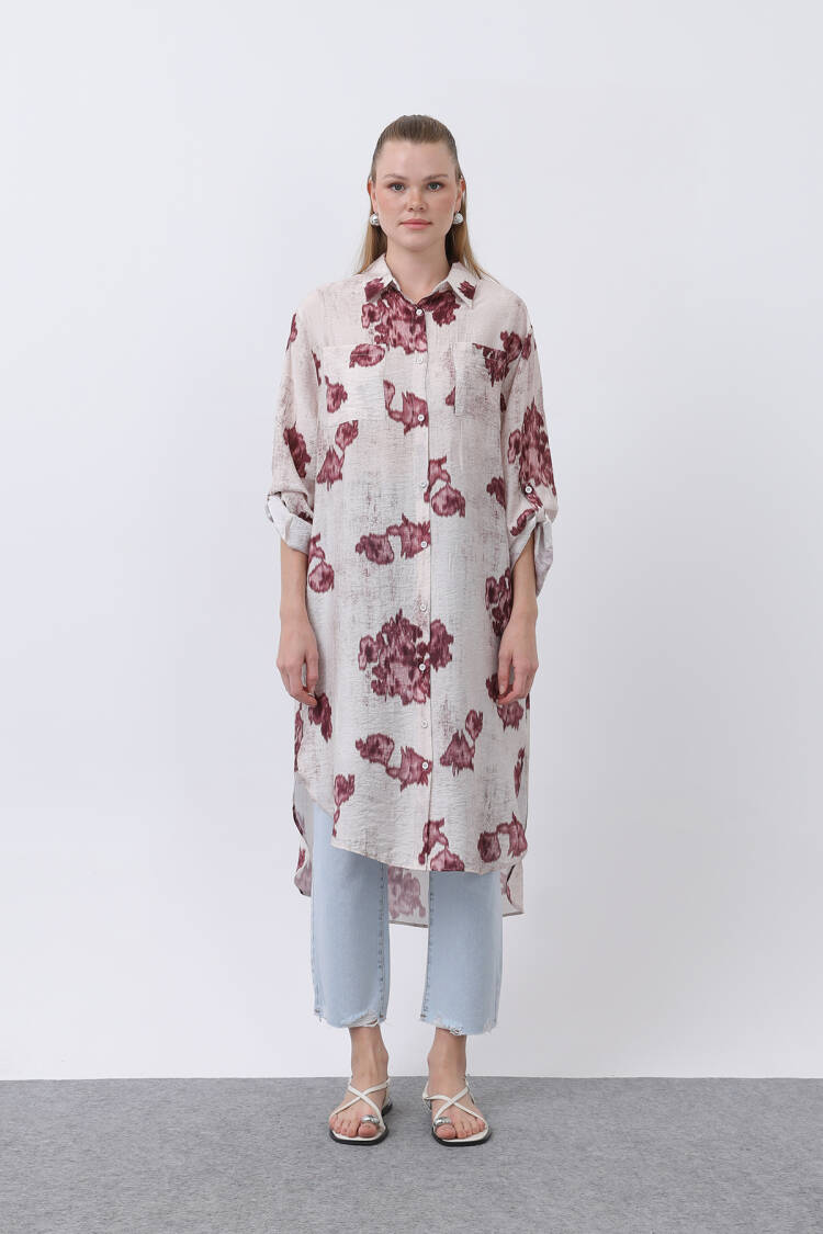Patterned Front Pocket Detailed Back Ribbed Long Tunic - Multicolor