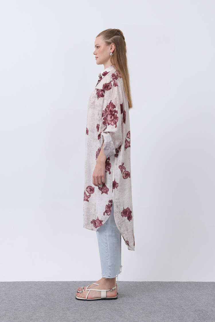 Patterned Front Pocket Detailed Back Ribbed Long Tunic - Multicolor