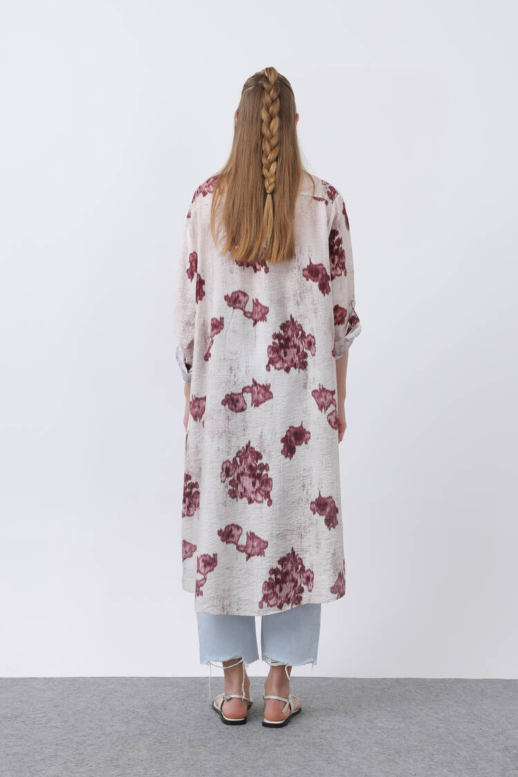 Patterned Front Pocket Detailed Back Ribbed Long Tunic - Multicolor