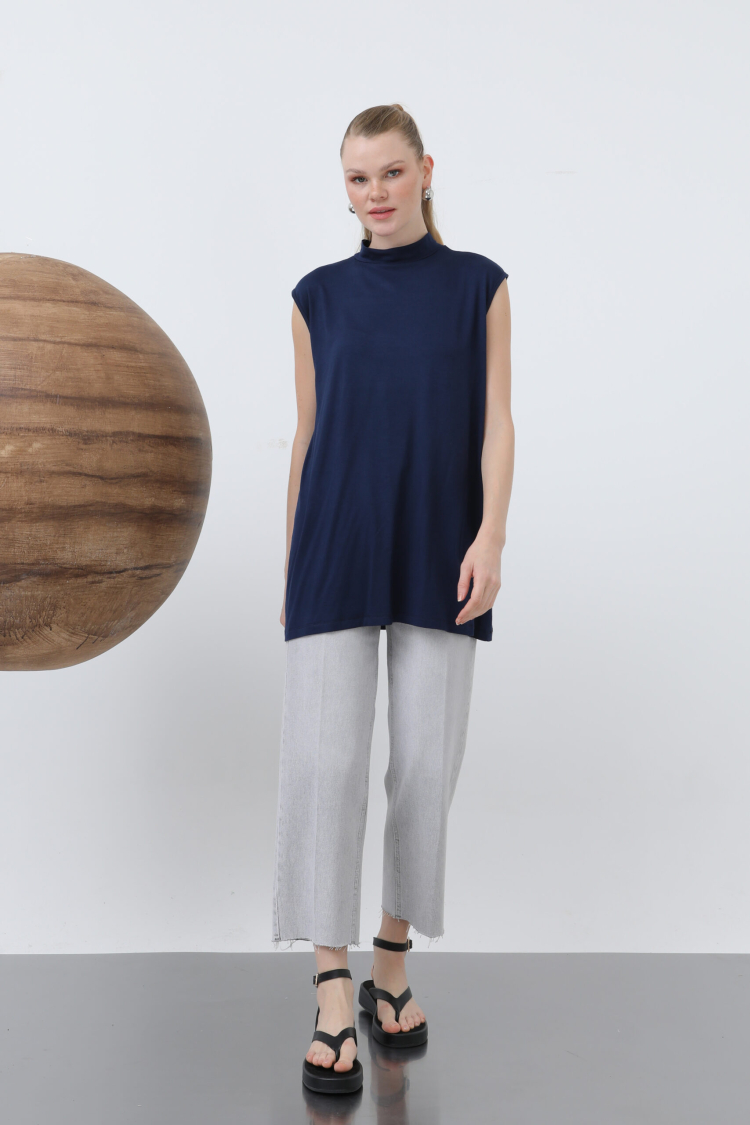 Sleeveless Crew Neck Blouse - Navy - Puane - Globality Store - Women Clothes Wholesale Turkey
