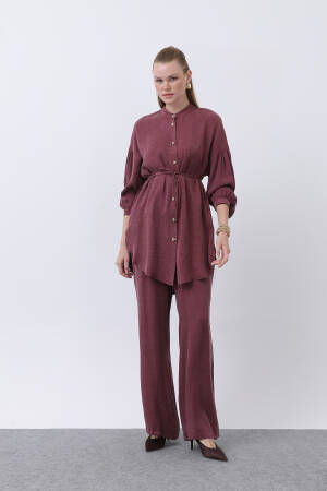 Judge Collar And Button Detailed Trouser Suit - Burgundy - Puane - Globality Store - Women Clothes Wholesale Turkey