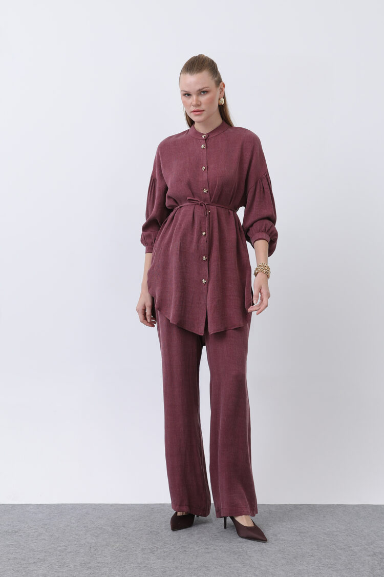 Judge Collar And Button Detailed Trouser Suit - Burgundy - Puane - Globality Store - Women Clothes Wholesale Turkey