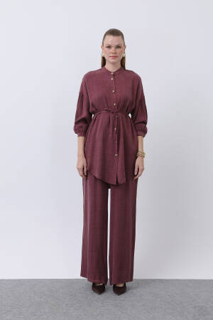 Judge Collar And Button Detailed Trouser Suit - Burgundy - Puane - Globality Store - Women Clothes Wholesale Turkey