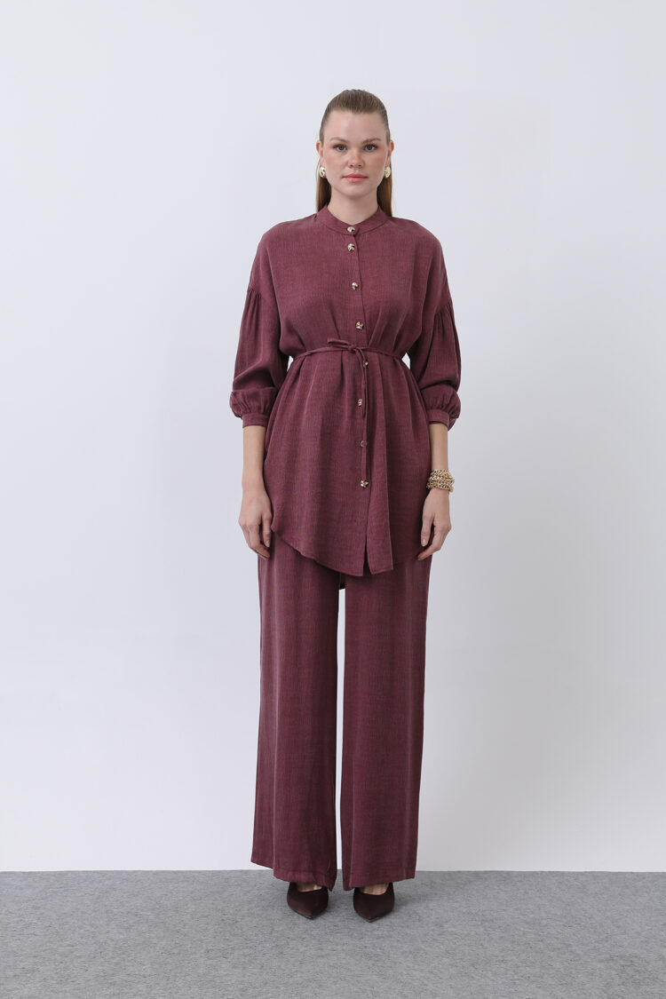 Judge Collar And Button Detailed Trouser Suit - Burgundy