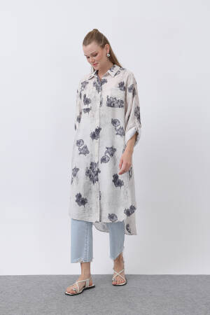 Patterned Front Pocket Detailed Back Ribbed Long Tunic - Multicolor - Puane - Globality Store - Women Clothes Wholesale Turkey
