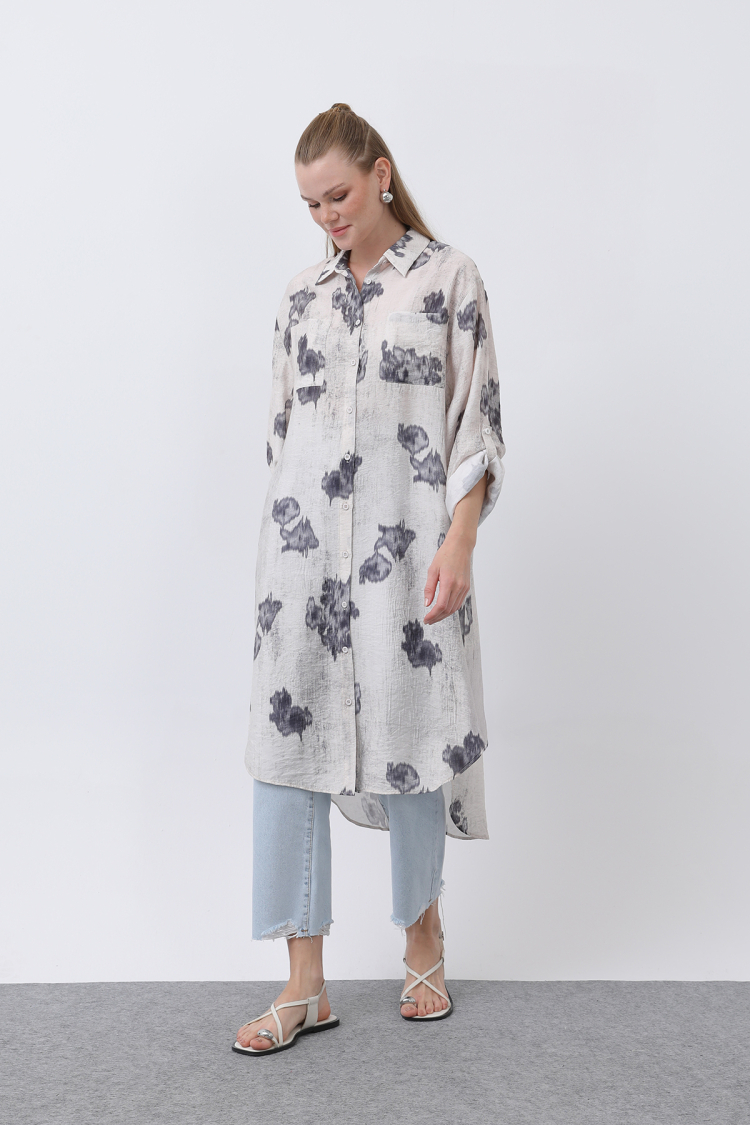 Patterned Front Pocket Detailed Back Ribbed Long Tunic - Multicolor - Puane - Globality Store - Women Clothes Wholesale Turkey
