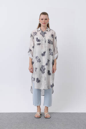 Patterned Front Pocket Detailed Back Ribbed Long Tunic - Multicolor - Puane - Globality Store - Women Clothes Wholesale Turkey