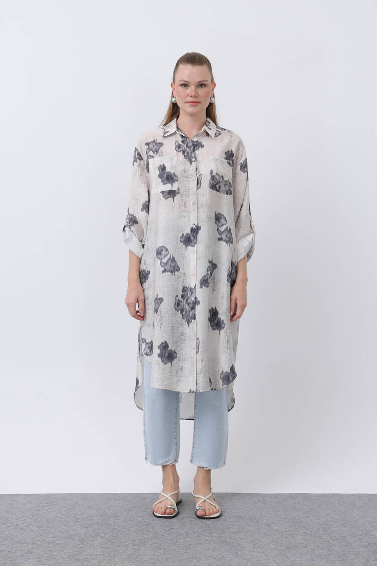 Patterned Front Pocket Detailed Back Ribbed Long Tunic - Multicolor