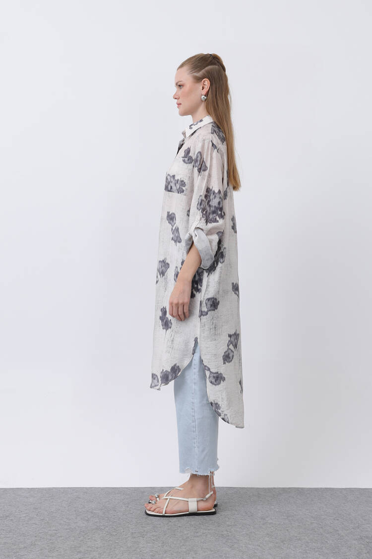 Patterned Front Pocket Detailed Back Ribbed Long Tunic - Multicolor