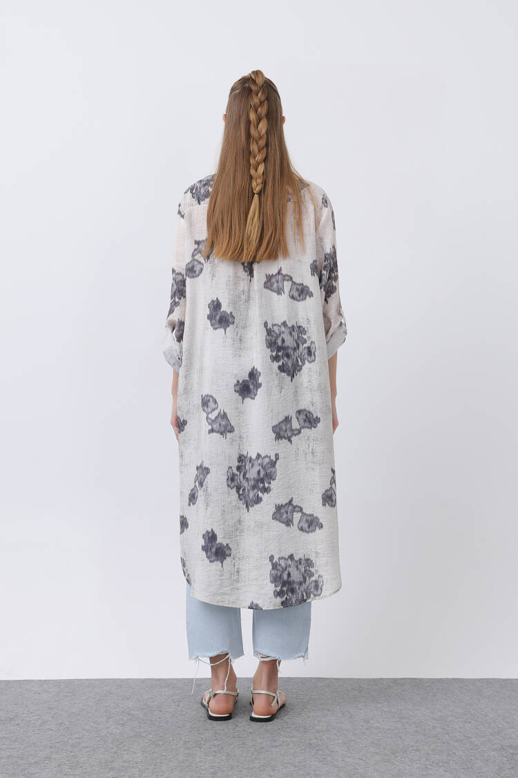 Patterned Front Pocket Detailed Back Ribbed Long Tunic - Multicolor