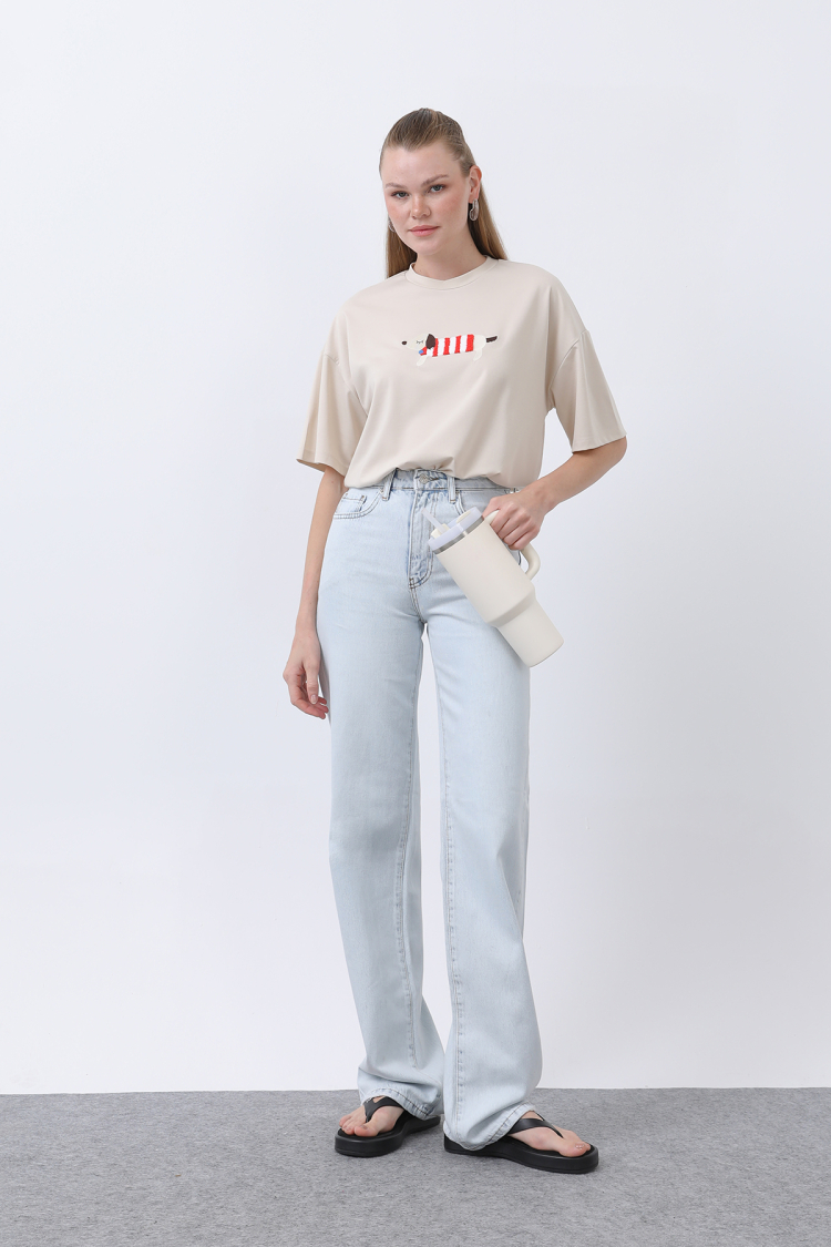 Women's Dog Embroidery Basic Tshirt - SOUL - Globality Store - Women Clothes Wholesale Turkey