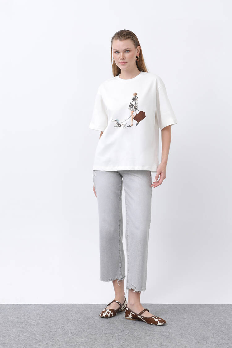 Women Girls Printed Basic Tshirt - Ecru - SOUL - Globality Store - Women Clothes Wholesale Turkey