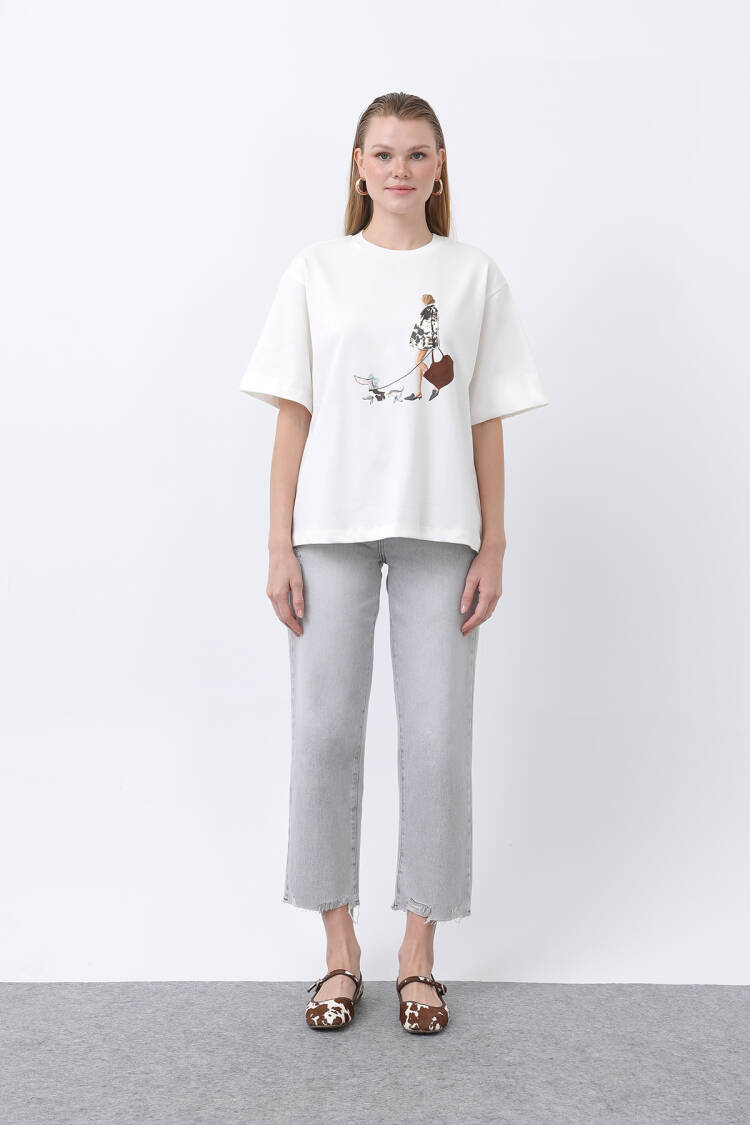 Women Girls Printed Basic Tshirt - Ecru