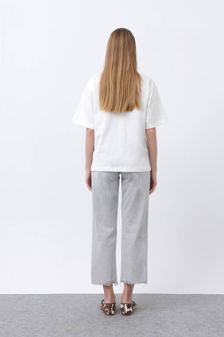 Women Girls Printed Basic Tshirt - Ecru