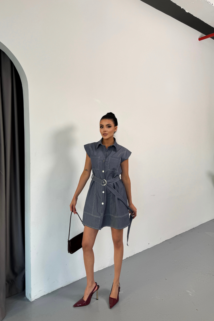 Sleeveless Tencel Fabric Shirt Dress - Blue - Ello - Globality Store - Women Clothes Wholesale Turkey