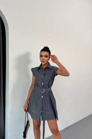 Sleeveless Tencel Fabric Shirt Dress - Blue - Ello - Globality Store - Women Clothes Wholesale Turkey