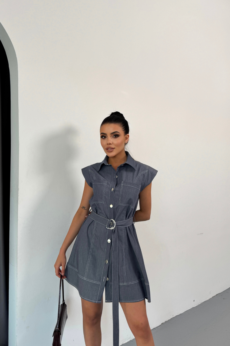 Sleeveless Tencel Fabric Shirt Dress - Blue