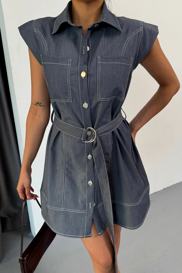 Sleeveless Tencel Fabric Shirt Dress - Blue
