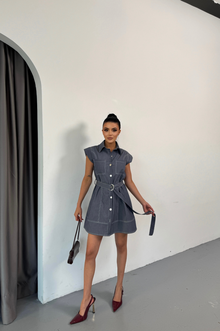 Sleeveless Tencel Fabric Shirt Dress - Blue