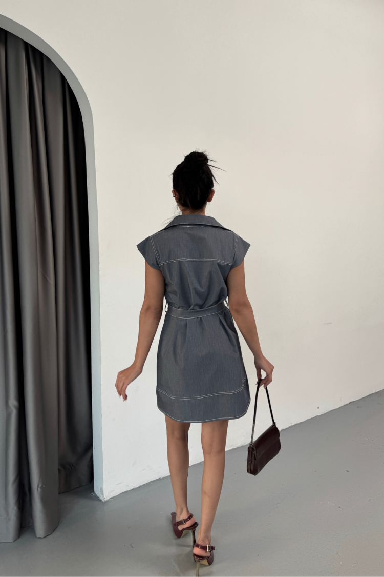 Sleeveless Tencel Fabric Shirt Dress - Blue