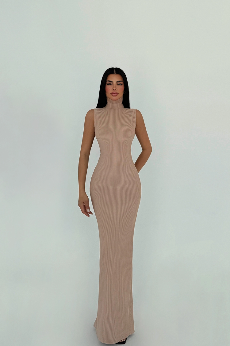 Beige Turtleneck Basic Dress - EYYO ATELIER - Globality Store - Women Clothes Wholesale Turkey