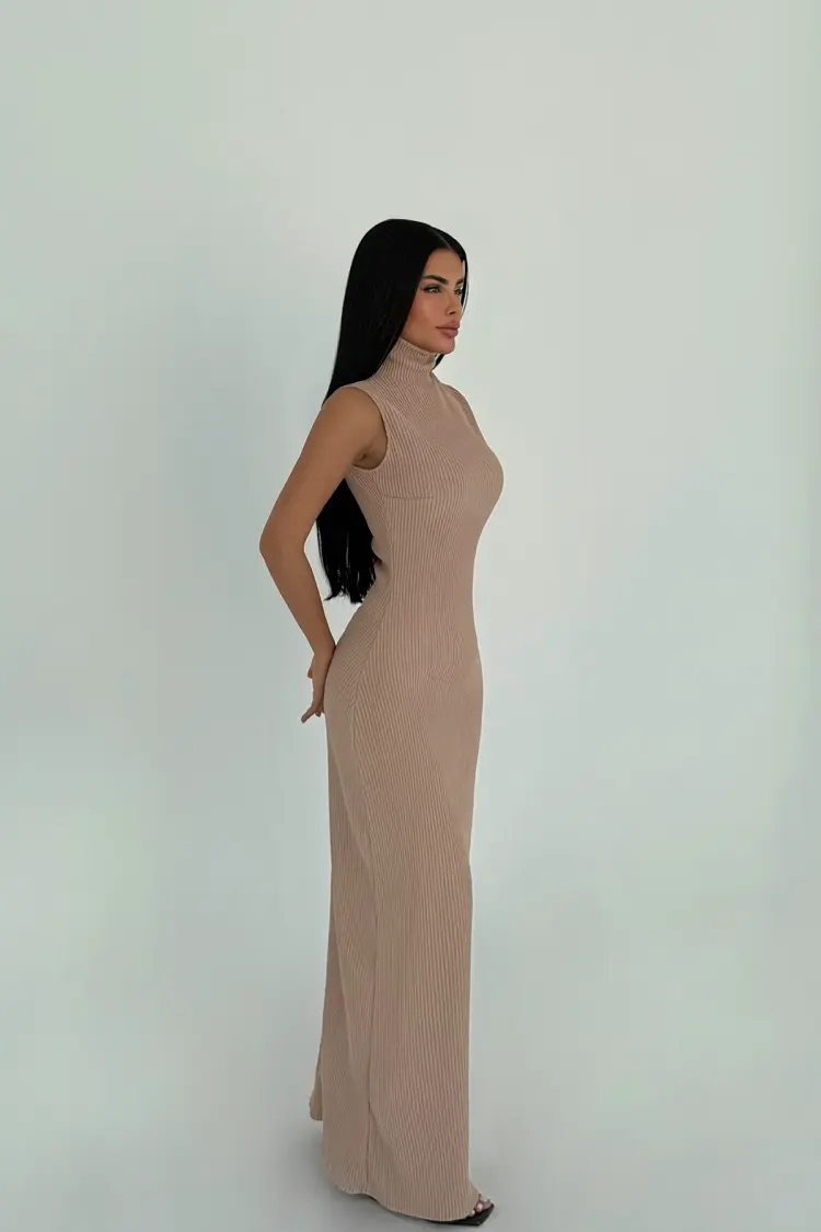 Beige Turtleneck Basic Dress