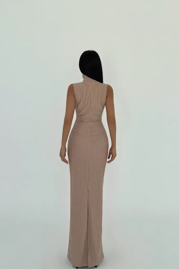 Beige Turtleneck Basic Dress