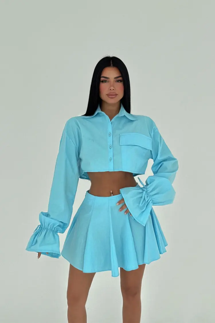 Blue Pleated Skirt Suit - EYYO ATELIER - Globality Store - Women Clothes Wholesale Turkey