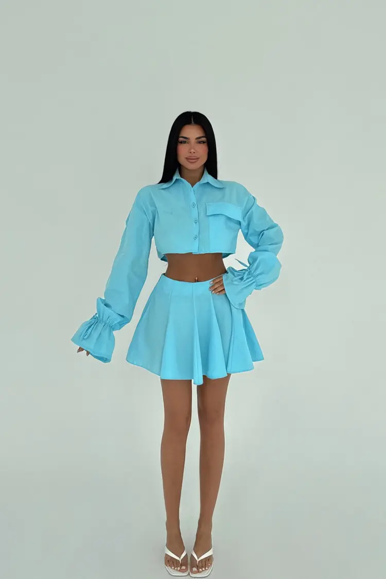 Blue Pleated Skirt Suit