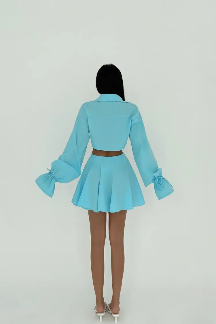 Blue Pleated Skirt Suit