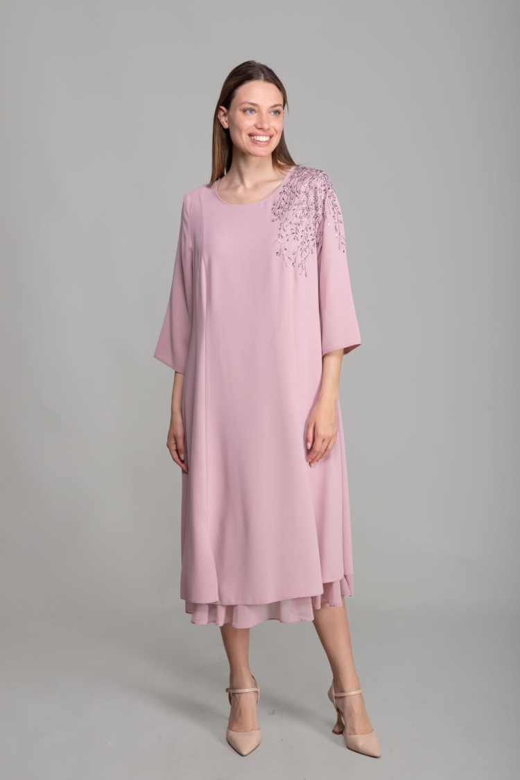 Cuff Round Neck Gown Dress - Pink - GUMANIZE - Globality Store - Women Clothes Wholesale Turkey