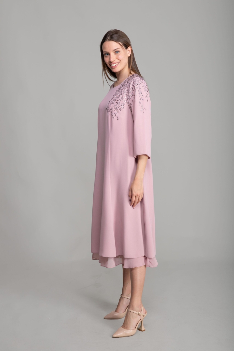 Cuff Round Neck Gown Dress - Pink