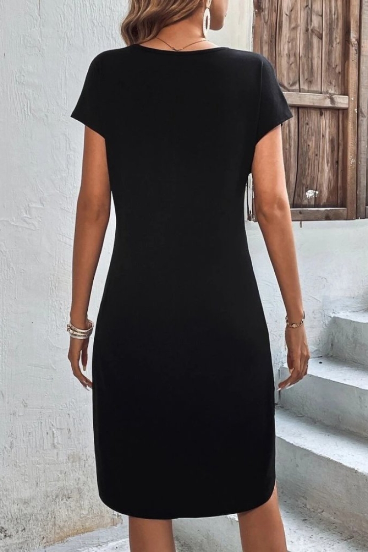 Short Sleeve Crew Neck Viscose Two-Thread Dress - Black