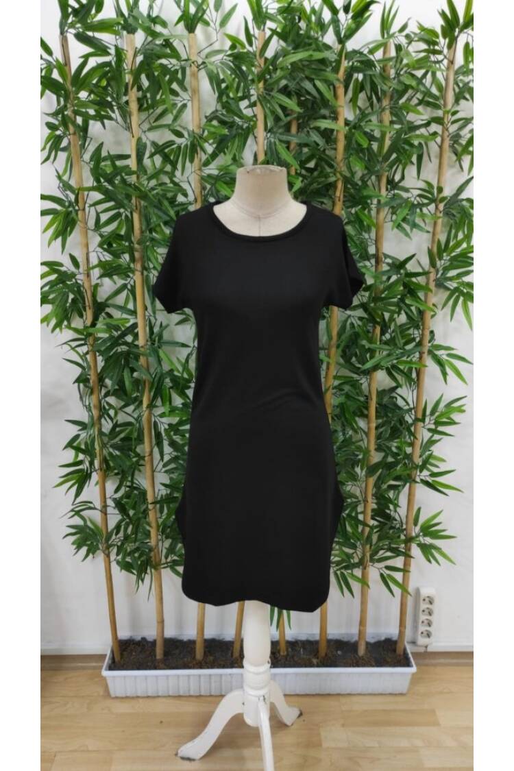 Short Sleeve Crew Neck Viscose Two-Thread Dress - Black
