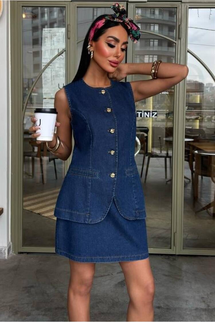 Sleeveless Vest Mini Skirt Denim Suit