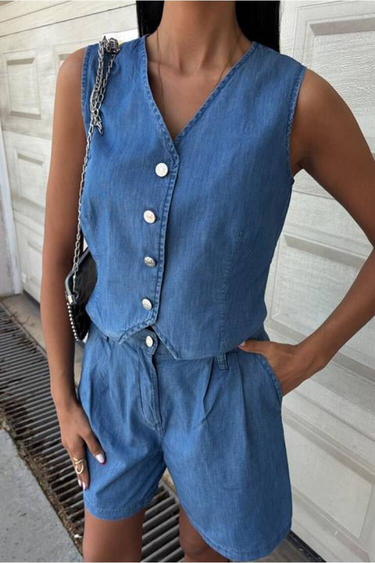 Silver Buttoned Vest And Shorts Tensel Suit