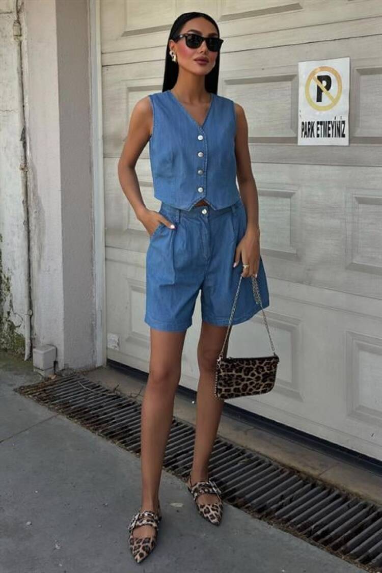 Silver Buttoned Vest And Shorts Tensel Suit - Sobe Istanbul - Globality Store - Women Clothes Wholesale Turkey